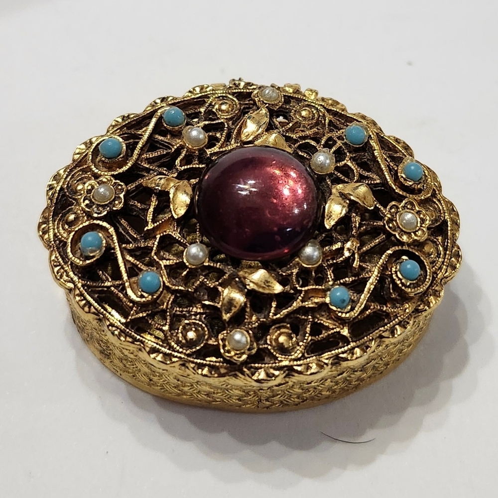 Gorgeous Vintage Unsigned Florenza Pill Trinket Box Perfume Solid - Picture 2 of 6